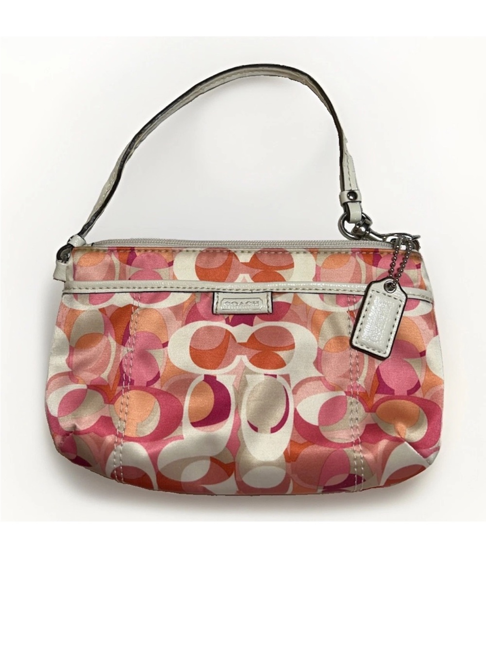Coach Wristlet Daisy Kaleidoscope Print Satin Fabric, White Patent Leather Trim